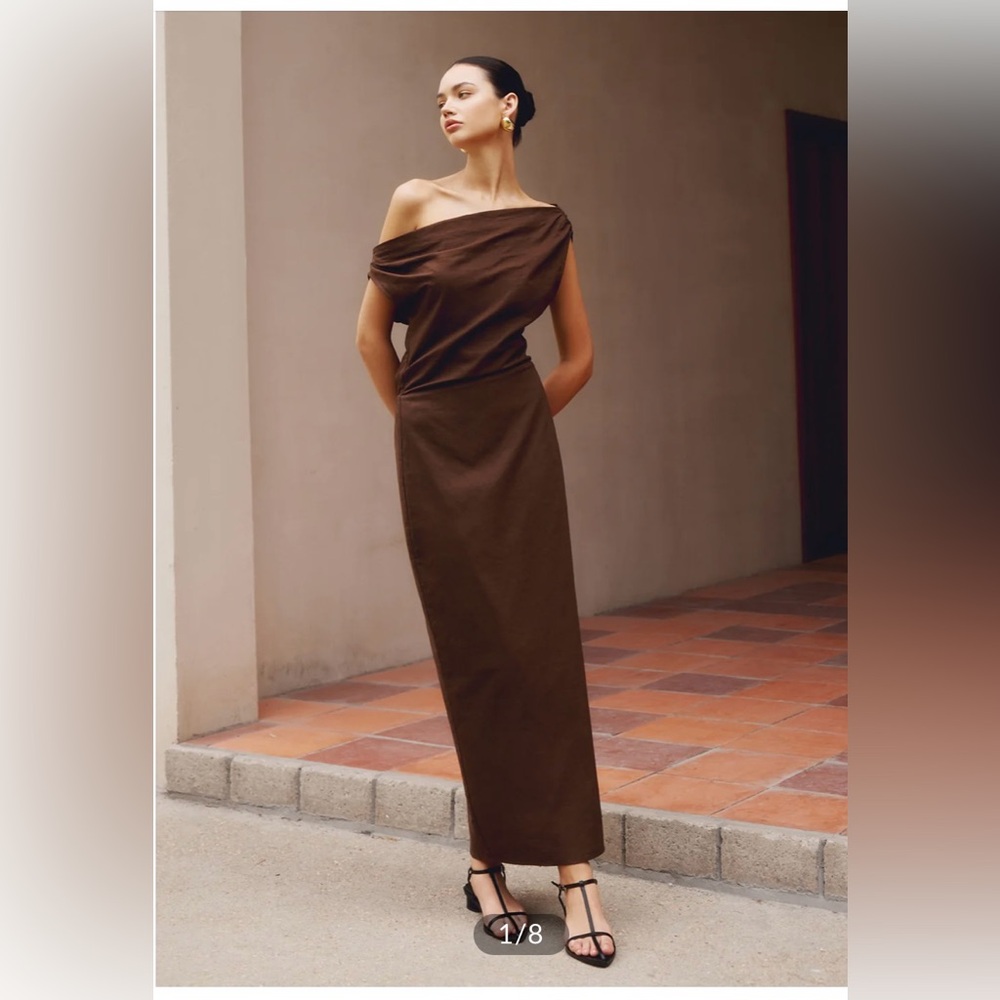 Commense Brown Off-Shoulder Midi Dress